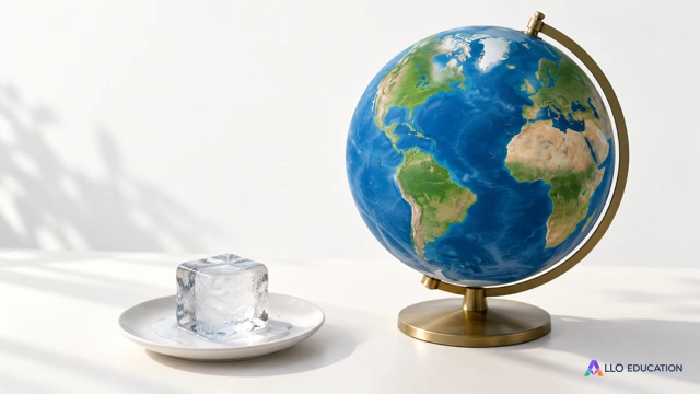 Un globe terrestre sobre sans mots accompagné d’un petit bloc de glace sur coupelle, objets entiers isolés sur fond clair.