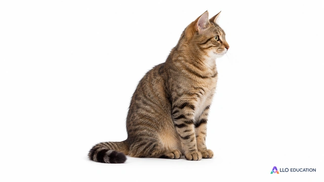Un chat brun tigré dont le pelage est visible, isolé sur fond blanc.