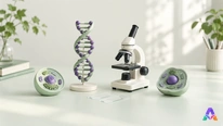 Modèle d’ADN, microscope, lames et cellules figuratives sur une table claire.