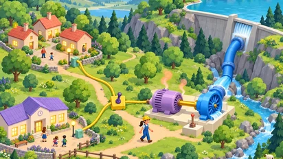 Une technicienne règle une turbine et un alternateur reliés par des câbles au village et à l’école, dans un vallon avec une retenue d’eau.