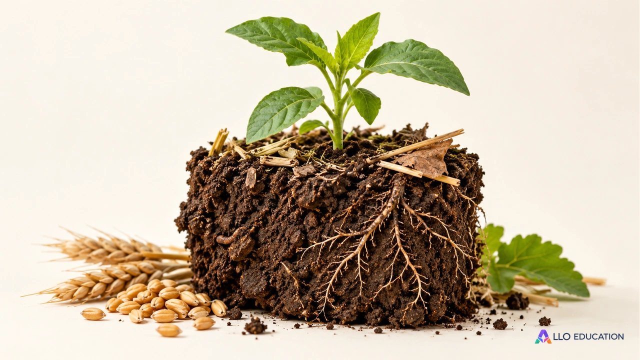 Une motte de terre agricole entière portant une jeune plante verte, des racines visibles sur le côté et quelques résidus végétaux à sa surface.