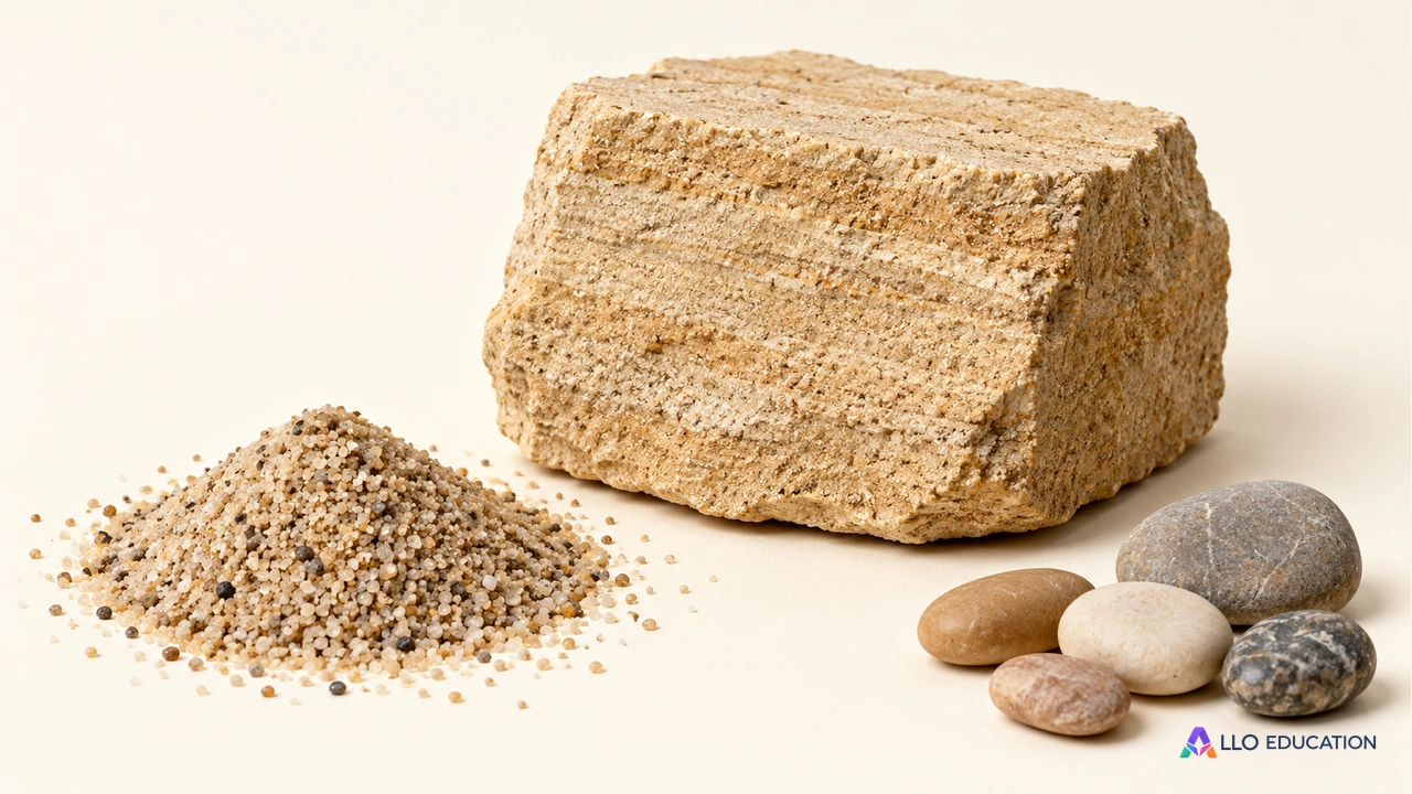 Un bloc de roche sableuse clair entier posé à côté d’un petit tas de grains de sable et de quelques galets arrondis.