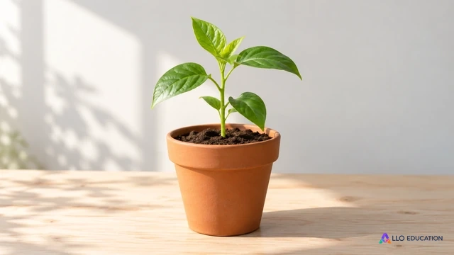Un jeune plant aux feuilles vertes pousse dans un pot de terre cuite sans inscription.