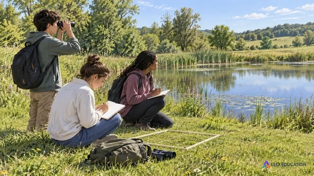 Une équipe observe un étang et une prairie voisine avec du matériel de relevé neutre.