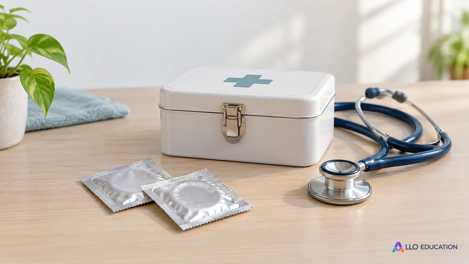 Du matériel médical et des sachets de prévention fermés évoquent une information de santé générale.