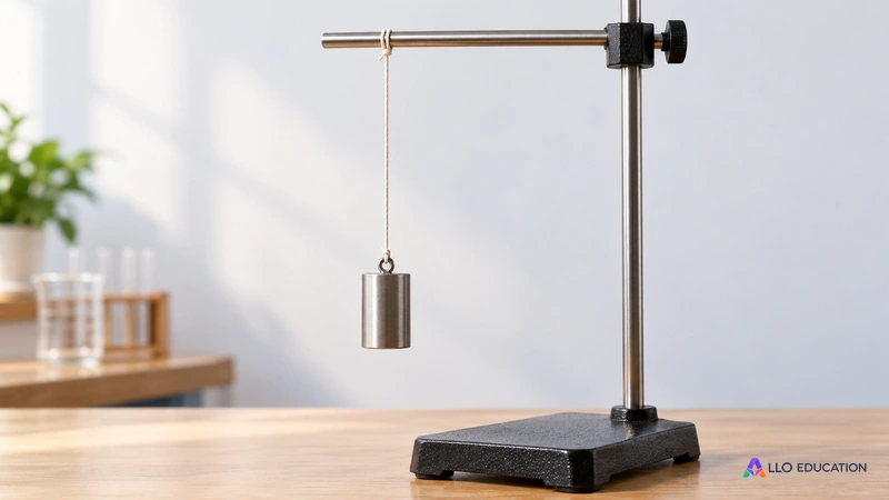 Un petit cylindre métallique suspendu à un support stable par un fil vertical.